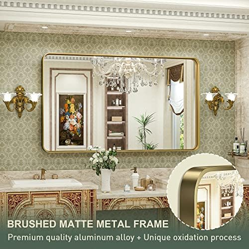 TokeShimi 48 x 30 Inch Gold Bathroom Mirror for Wall Brushed Brass Metal Rounded Corner Rectangle Mirror Wall Mirror in Aluminum Alloy Metal Frame Deep Set Design Hangs Horizontal Or Vertical - 2