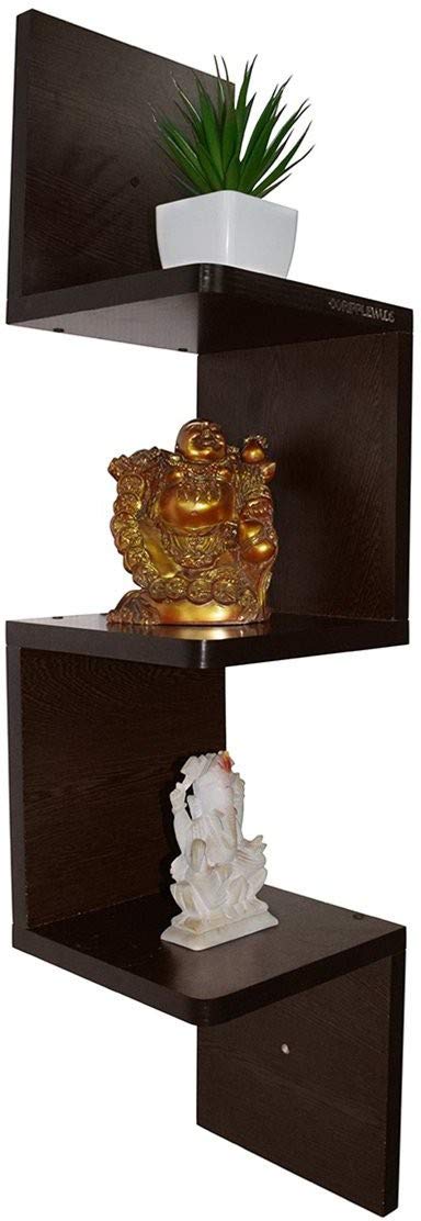 RIPPLEWUDS Skyller Arc Engineered Wood Cornor Display Rack/Cornor Zigzag Wall Shelf for Home (Shelves-3,Black)