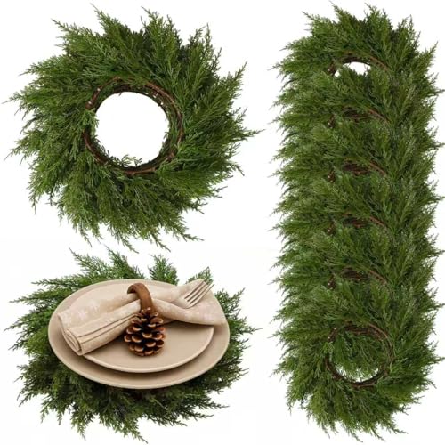 Christmas Placemats Set of 6 Round Greenery Place Mats Xmas Circular Artificial Wreath Dining Table Decor Winter Fake Plants Branches Mats for Kitchen Accessories(Cedar)