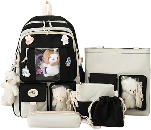 AONUOWE Juego de 5 mochilas estéticas para adolescentes escolares, 3 peluches, 5 pines y tarjetas, mochila Kawaii con accesorios (negro)