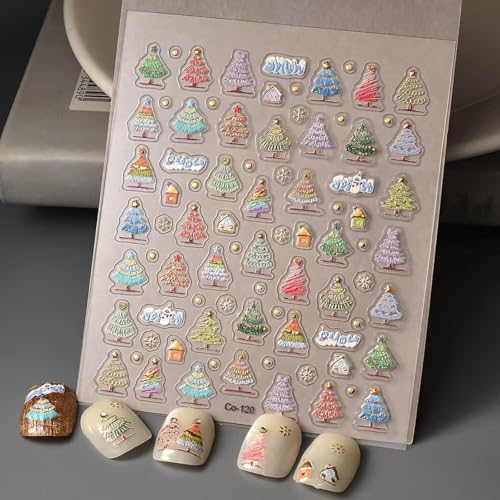Image of Christmas Tree Nail Art Stickers 5D Embossed Self Adhesive Colorful Nail Decals Gold Point Nail Sticker for Nails Art Design for Women Girls Christmas Supplies Manicure Decorations Accessories