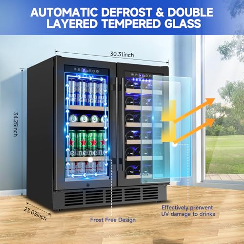 Image of 30 Inch Wine and Beverage Refrigerator, Dual Zone 30 inch Wine Fridge Under Counter /Freestanding, 30 Inch Wide Beverage Cooler with Glass Door, Holds 30 Bottles & 110 Cans for Home Bar Office, Black