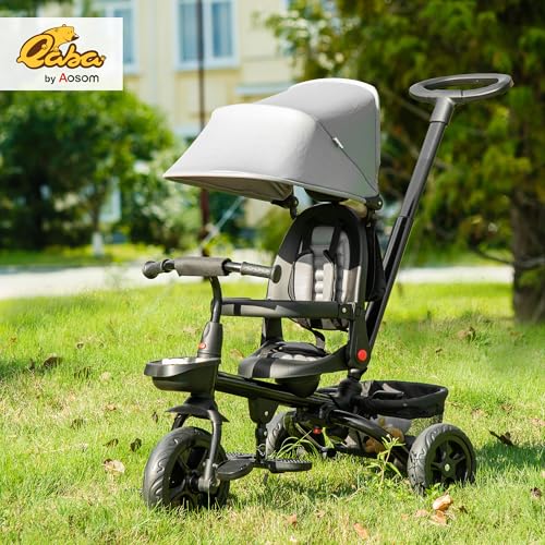 Qaba Kids Tricycle, 4 in 1 Foldable Trike with Reversible Seat, Adjustable Parent Handle, Safety Harness, Wheel Brakes, Removable Canopy, Storage, Tricycle for Toddlers 1-5 Years, Gray