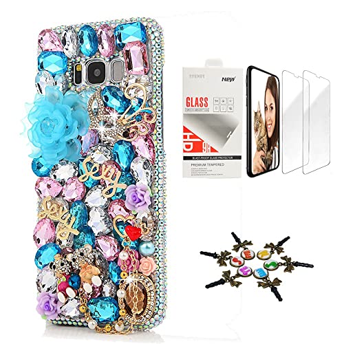 STENES Sparkle Case Compatible with Samsung Galaxy A42 5G Case - Stylish - 3D Handmade Bling Big Rose Sweet Bear Flowers Design Cover Case with Screen Protector [2 Pack] - Blue