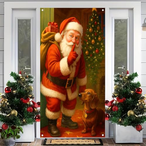 Image of BlissYard Christmas Door Cover Santa Dachshund 35x71 Inch Polyester