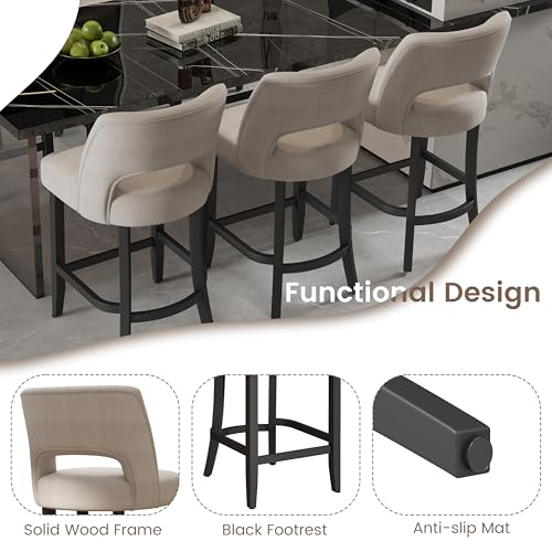 Image of VKNOW Bar Stools Set of 4, 26 inch Upholstered Counter Height Bar Stools | Modern Counter Stools with Black Rubberwood Legs for Kitchen Island Dining Room Bar, Beige-Black Legs