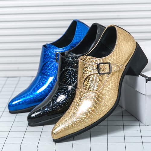 Men's Pointed Toe Chunky Heels Monk Strap Oxford Shoes,Fashion Shiny Business Formal Slip On Loafers Low Top Chelsea Wedding Derby Shoes 6