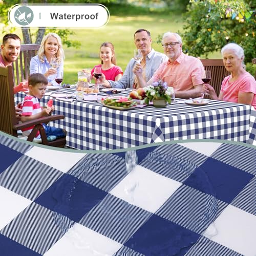 Image of misaya Square Waterproof Vinyl Table Cloth, Buffalo Flannel Backed Tablecloth, Wipeable Plastic Table Cover for Dinner, Kitchen, Outdoor (70 inch x 70 inch, White and Navy)