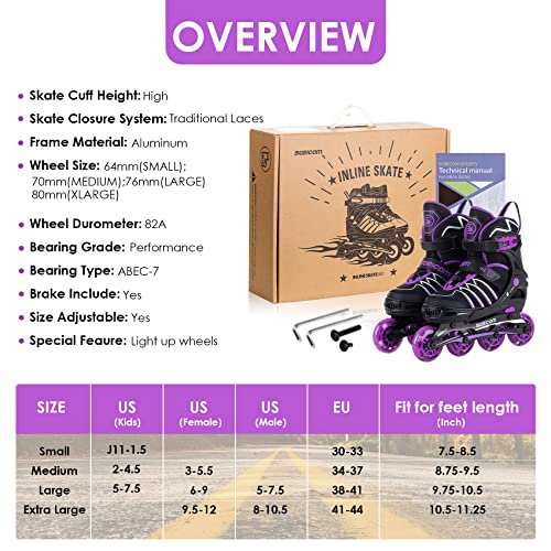 Image of Adjustable Inline Skates with Full Light Up Wheels,Outdoor Illuminating Roller Skates for Kids and Adults, Girls and Boys, Men and Women, Purple L