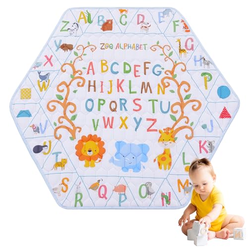 Image of HOMBYS Hexagon Playpen Mat, 52x45 Thicken Soft Playpen Mat Fits Hexagon Portable Play Yard & Playpen, Washable Baby Play Mat Non-Slip Mat for Toddler Kids Crawling & Play, (Alphanumeric Pattern)