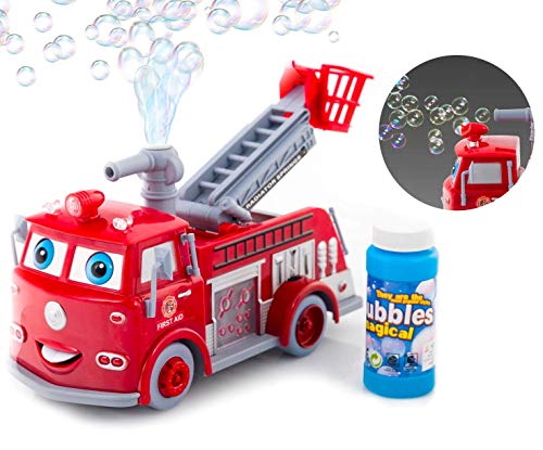 O.B Toys&Gift Bubble Blowing Fire Engine Toy Truck - Car Bump'n'Go Action Fire Truck Toy Battery Operated w/ Colorful Lights & Fun Sounds , Kids & Toddlers Bubble Truck Toy