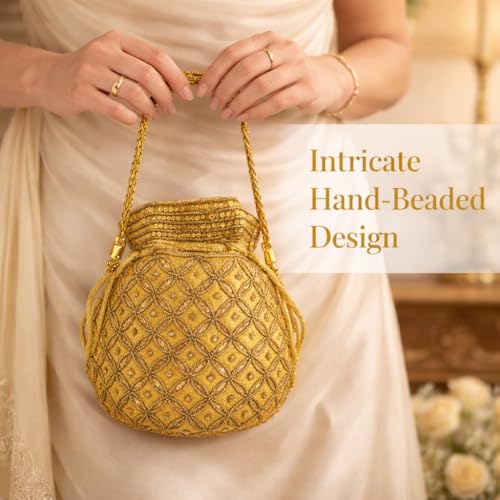 Image of Srajanna Women's Embellished Ethnic Pearl Potli Bag Traditional Handcrafted Evening Clutch for Weddings & Festive Occasions