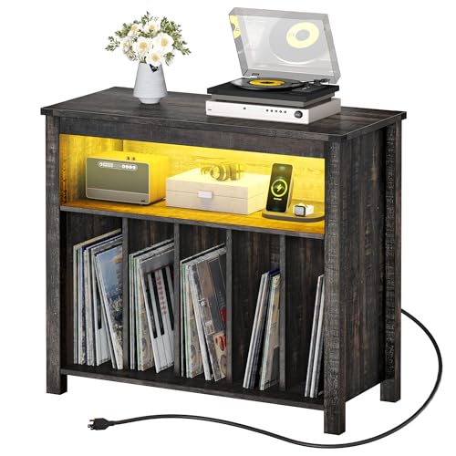 DWVO LED Glow Turntable Stand with Integrated Power Ports & Rotating Display Racks | Modern Album Organizer for Living Room Turntable Setup | Vintage Forge Oak