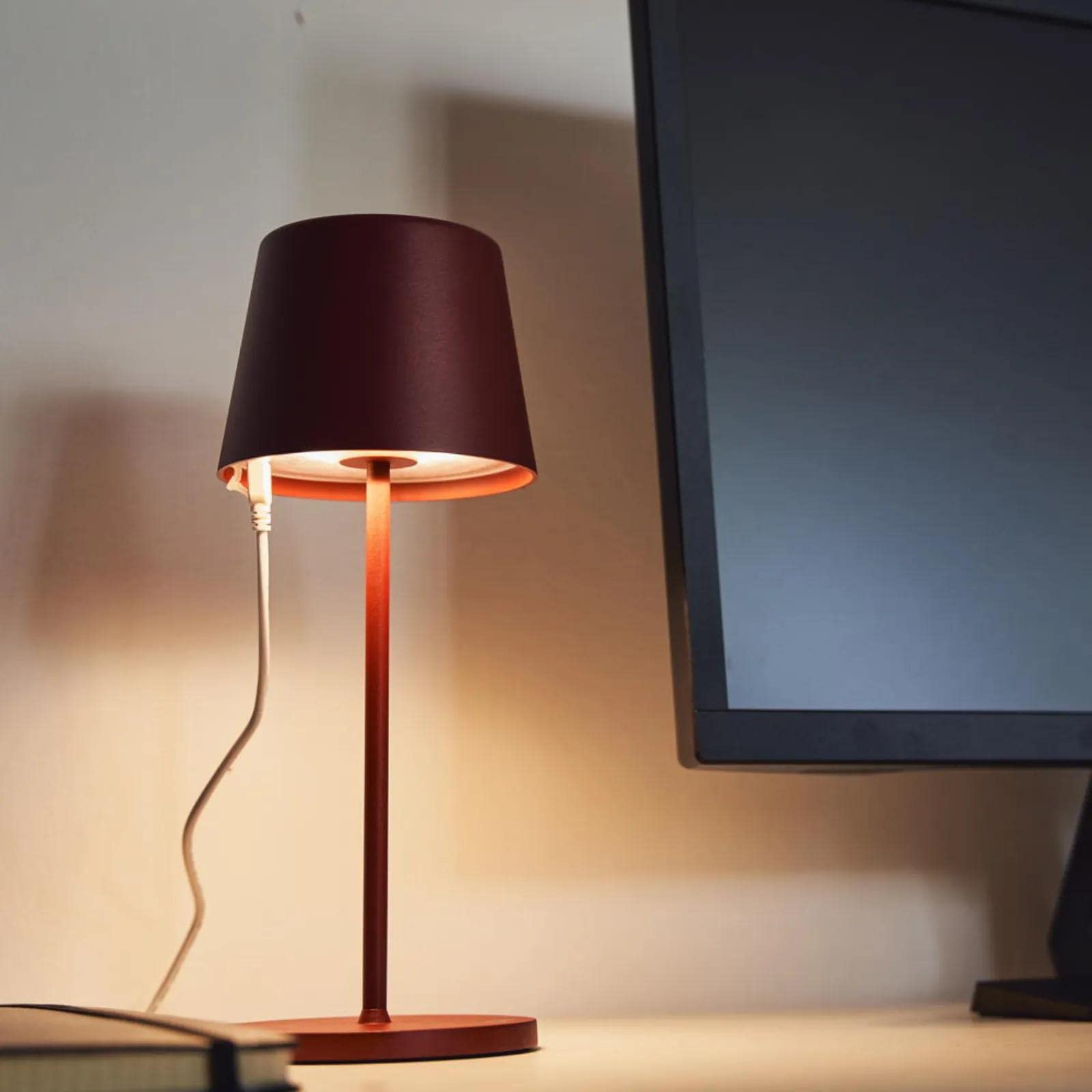 LED Akku Gartentisch Leuchte Rot stufenlos dimmbar - IP65 Tisch Lampe ohne Kabel für In- & Outdoor, 2700-3000K, 280 mm hoch, runde Tischlampe Esstisch, moderne LED Tischlampe Outdoor