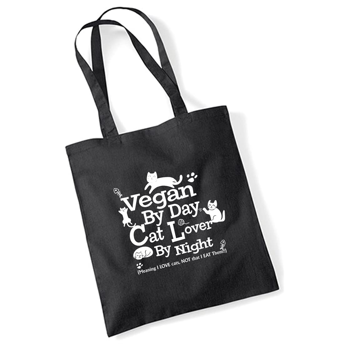 Graphic Impact Funny Vegan By Day Cat Lover By Night Printed Natural Cotton Hand Carry Eco-Friendly Stylish Long Handled Shoulder Tote Bag (Black)