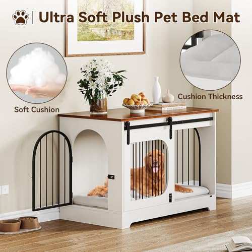 Dog Crate Furniture, 39.4 in Dog Kennel for Dogs Up to 70 LB, with Bed Mat, Heavy-Duty Dog Cage End Table, Three Doors Dog House, White/Brown - Image 8