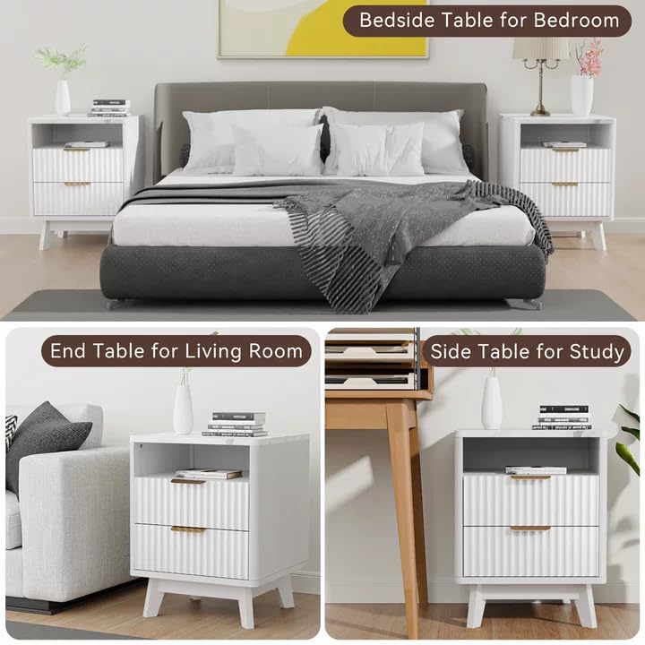 Image of Fluted Nightstand with 2 Drawers, 18 inch Modern Night Stand with Faux Marble Top, Open Storage Shelf, Curved Edge Bedside Table for Bedroom, End Side Table (2, White)