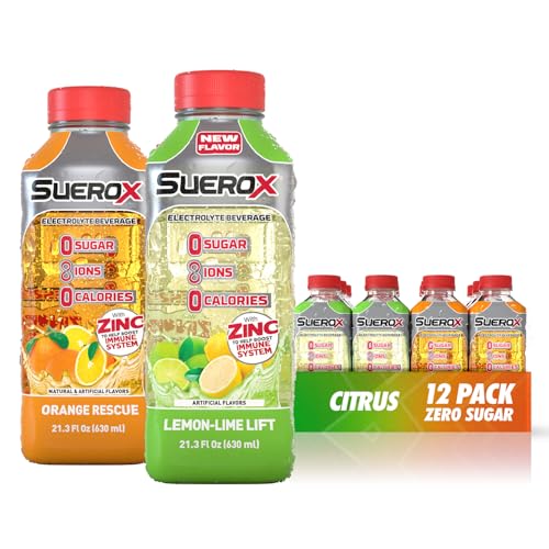 Image of SueroX Sugar Free Electrolyte Drink, Citrus Pack, 21.3 Fl Oz, 12 Count | Sports Drink with 8 Ions, Zero Sugar, Zero Calories, Hydration & Recovery