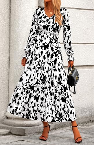 BTFBM Women Fall Dresses 2025 Casual Long Sleeve V Neck Maxi Dresses Floral Boho Long Dress Wedding Guest Dress