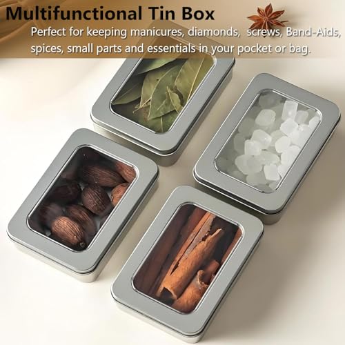 Image of AKOAK 4 Pcs Metal Rectangular Empty Hinged Tins, 3.4x2.4x0.7 Inch Portable Clear Top Box Containers Small Storage Kit with Lid, Home Organizer for Storage Drawing Pin Candies Jewelry Crafts, Silver