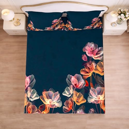Image of Cloth Fusion Glace Cotton Elastic Fitted Bedsheet King Size with 2 Pillow Covers (78X72 inches, Blossom Aura)