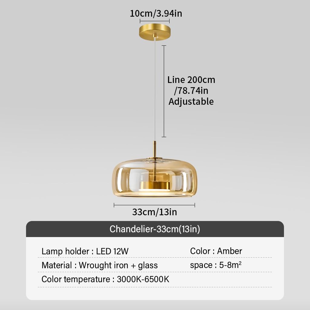 Suspension De Table À Manger, Lampe Suspendue En Verre, Style Vintage Ambré Rétro, Douille E27, Hauteur Réglable, Pour Salles À Manger, Salons, Cuisines Et Restaurants(Amber,33cm)