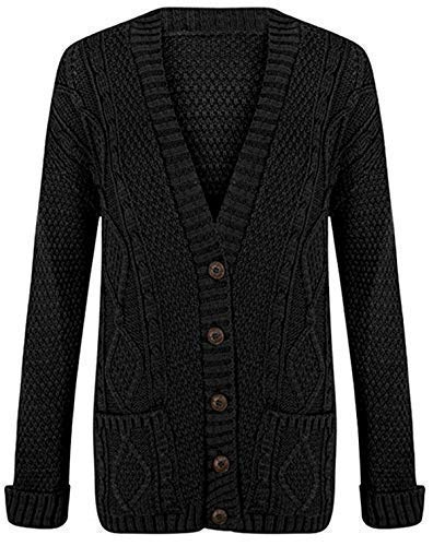J35 Celebmodelook ® Women Ladies Long Sleeve Button Top Chunky Aran Cable Knitted Grandad Cardigan (Black, M/L (UK 12-14))