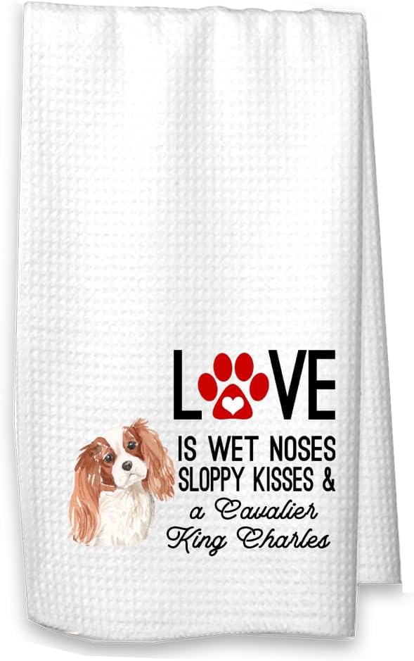Studio 9Thirty3 Personalized Cavalier King Charles Spaniel Kitchen Towel – “Love is Wet Noses” Funny Waffle Weave Dish Towel with Dog’s Name, Custom Dog Lover Gift (Cavalier Tricolor Personalized)