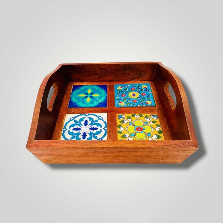 MARWAL HANDICRAFTS Wooden Tea Coffee Serving Ceramic Fitted Wooden Tray Serving Tray Platters & Trays tray for decoration Wooden Handmade Serving Tray for Dining Table and Kitchen - Indian Table Tray for Snacks, Breakfast, Tea and Coffee - Centre Trays for Decoration and Storage