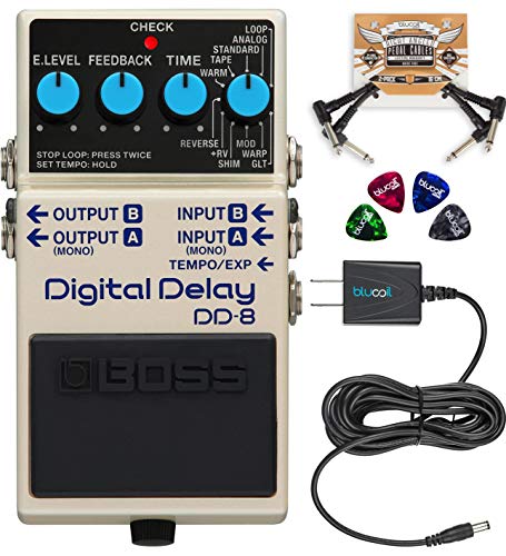 BOSS DD-8 Digital Delay Guitar Effects Pedal Bundle with Blucoil Slim 9V Power