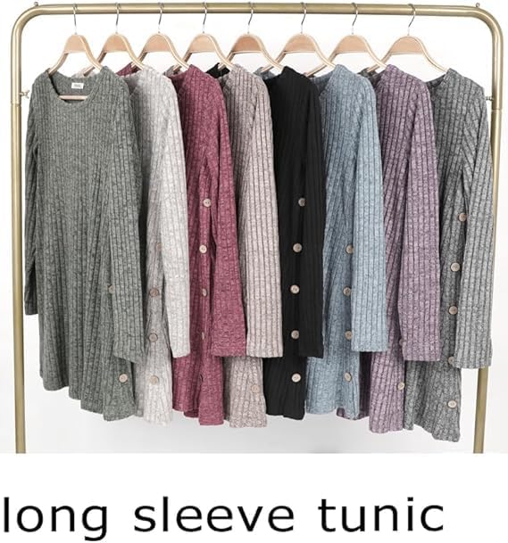 Poetsky Women Long Sleeve Tunic Tops to Wear with Leggings Side Buttons Long Shirts Rib Sweater Dress with Pockets S-3XL - Image 4