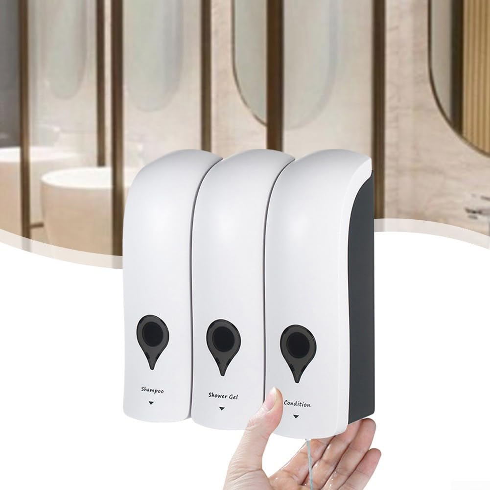 Dispenser automatico da 300 ml per scomparto per bagno (bianco) | 3 scomparti da 300 ml, oro per effetto ottico, materiale ABS, salvaspazio, per bagno e cucina