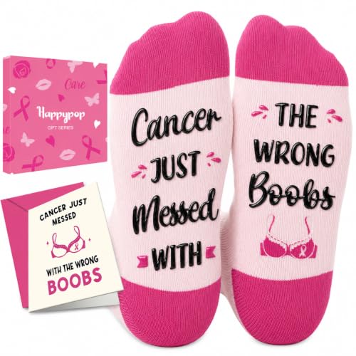 HAPPYPOP Breast Cancer Socks - Women Gifts for Cancer Awareness Chemo Survivor Patient with Card Female Comforting Chemo Care Gift Ideas