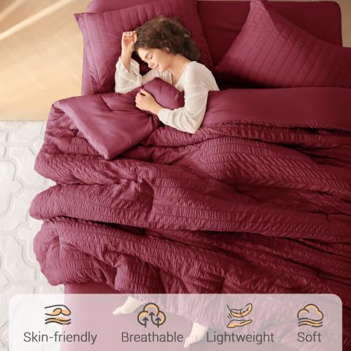 Image of MUXHOMO 7 Pieces King Comforter Set, Seersucker Bed in a Bag King Size, All Season Luxury Bedding Set with Comforter, Flat Sheet, Fitted Sheet, Pillowcases & Shams, Burgundy