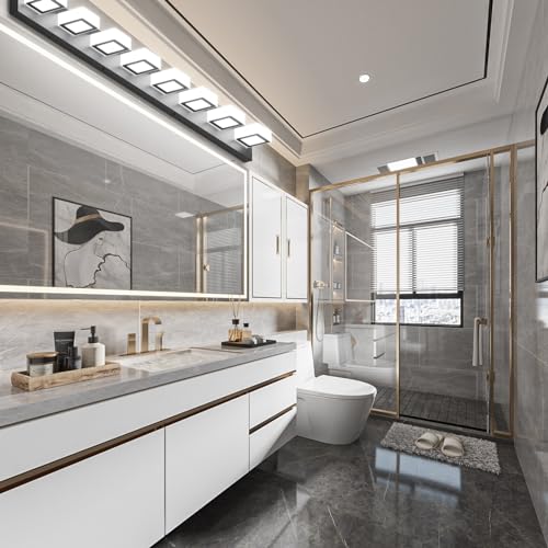 Image of Ralbay 52inch Black Vanity Lights Fixtures 8 Lights LED Modern LED Acrylic Matte Black Vanity Lights Modern Black Bathroom Wall Lighting Over Mirror