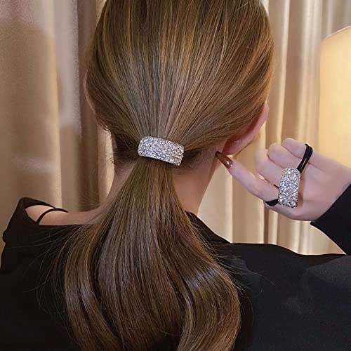 Wendalern Boho Rhinestone Ponytail Holder Cuffs Geometric Elastic Scrunchies Gold Crystal Ponytail Hair Tie Band Luxury Ponytail Hairband Ring Hair Accessories for Women and Girls