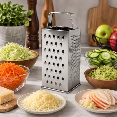 Image of Stainless Steel 4-Sided Box Grater with Handle | Multipurpose Vegetable, Cheese & Fruit Grater for Kitchen | Coarse, Fine, Slice & Shred Options