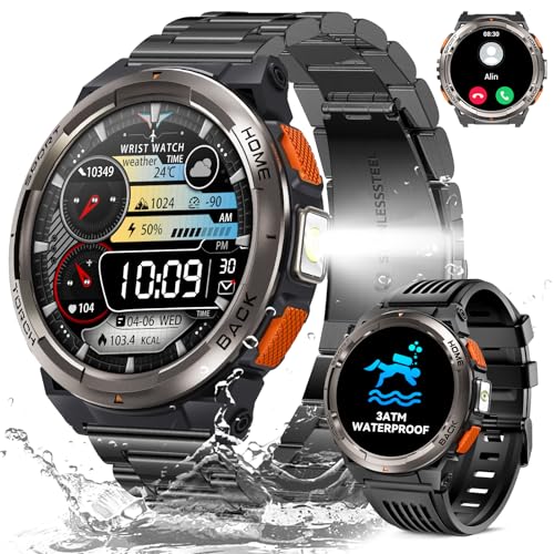 Reloj Inteligente Hombre con LED Linterna, 1,45'' 3ATM Impermeable Smartwatch Militar Hombre con Llamadas Bluetooth, Brújula, Altitud, Barómetro, Fitness Tracker con SpO2/Pulsómetro/para iOS Android