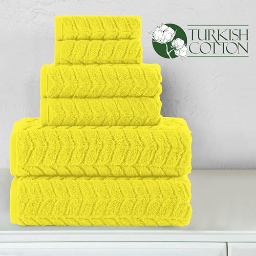 Image of Elegant Comfort Luxury 6-Piece 100% Turkish Cotton Jacquard Braided Textured Premium Hotel Quality Towel Set- Soft and Absorbent, Includes 2 Bath Towels, 2 Hand Towels and 2 Washcloths, Yellow