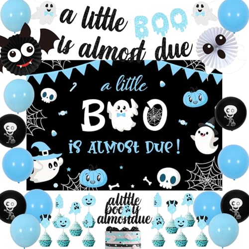 Halloween Baby Shower Decorations for Boy, A Little Boo is Almost Due Baby Shower Decorations Blue and Black Ghost Bat Balloons Little Boo Party Decor, Halloween Boy Birthday Party Decorations