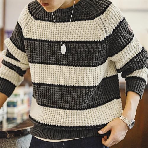 Men's Retro Striped Knit Sweater Round Neck Casual Pullover Long Sleeve Versatile Knitwear Streetwear Style Jumper2