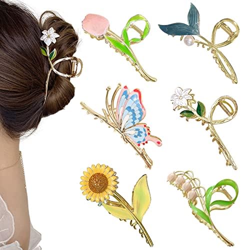6 Pcs Flower Metal Hair Claw Clips Large Tulip Hair Claw Nonslip Butterfly Hair Barrettes Strong Hold Hair Clamps Big Hair Accessories for Women Girls Long Thick Thin Curly Hair Gifts (A)