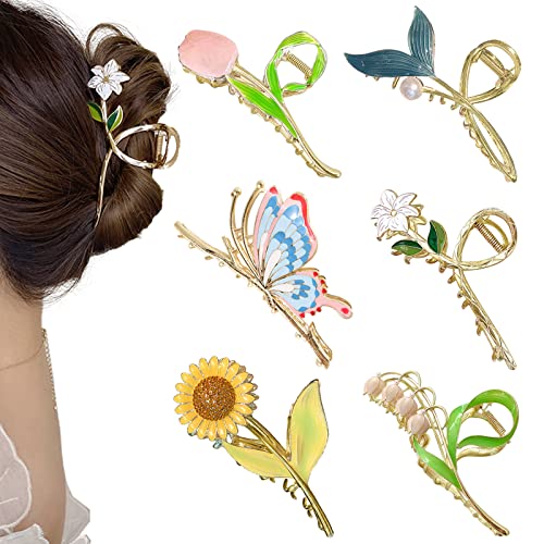 6 Pcs Flower Metal Hair Claw Clips Large Tulip Hair Claw Nonslip Butterfly Hair Barrettes Strong Hold Hair Clamps Big Hair Accessories For Women Girls Long Thick Thin Curly Hair Gifts (A) #TOP2