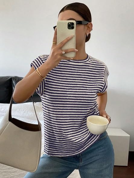 Image of Jawdrobe Women's Striped Western Top Round Neck Cap Sleeve T-Shirt for Women