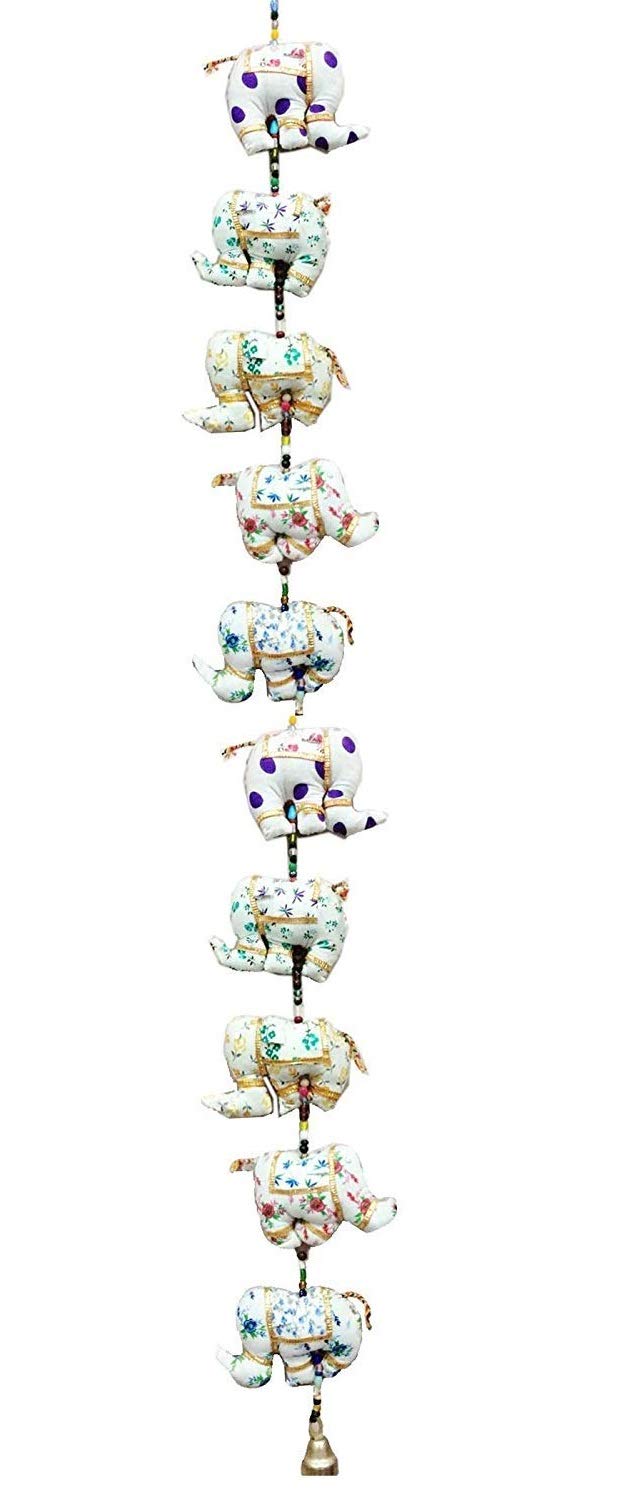 Anupam Traditional Indian Rajasthani Handicrafts Handmade Decorative Elephant Wall & Door Hangings with Beads & Brass Bell Strings for Home Decoration & Gift in White Color (10 Elephants, 1 String)