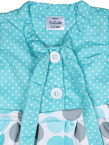 Image of Doodle Dress for Baby Girls| Breathable Frock for Girls| White & Mint Colour Baby Girl Dress| Knee Length Dress for Girls| Baby Frocks Waist Tie-up| Cap Sleeves Kids Frock| Age 2 to 3 Years