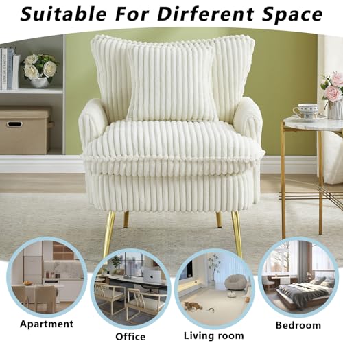 Sillón Corduroy Moderno Blanco con Brazos y Patas Doradas miniatura 7