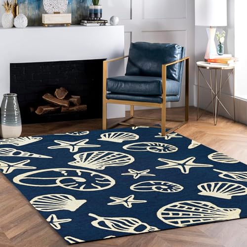 TuLdys Alfombra de playa y océano, alfombra de sala de estar, dormitorio, 3 x 4 pies/36 x 48 pulgadas, alfombra de comedor o cocina, patio, decoración del hogar, estrella de mar azul apagada y conchas