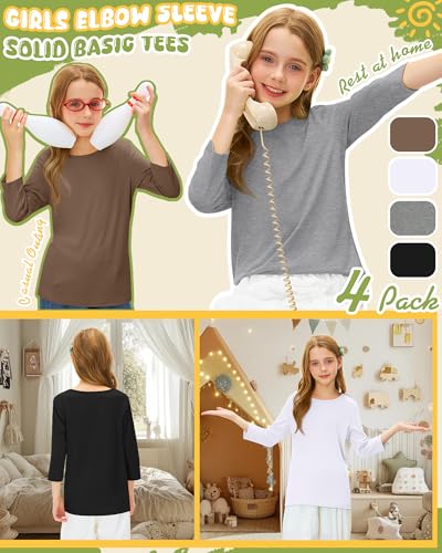 Image of 4 Pack Girls 3 /4 Sleeve T Shirts Kids Crewneck Elbow Sleeve Casual Tops Solid Basic Cute Teen Tees 5-14Y