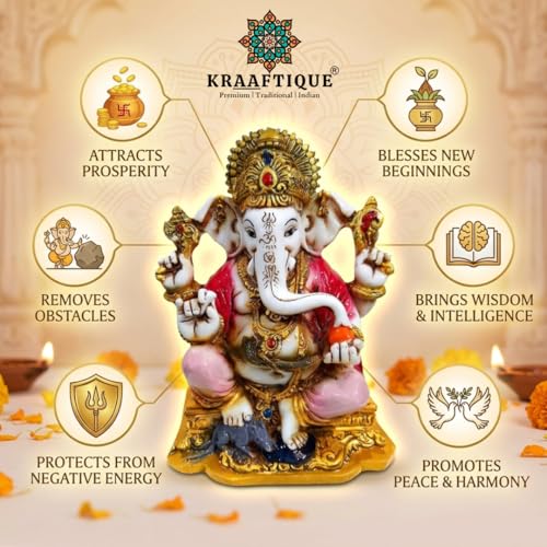 Image of Ganpati Religious Statue Idol Ganesh Murti Home Decor for Puja Marble Dust Lord Ganesha 7 Inch Statue for Home Decor Mandir Temple Office Gift (18CM)